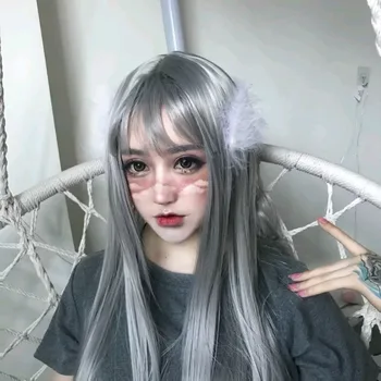 Naujas dviejų matmenų anime cosplay korėjos pop girl oro kirpčiukai ilgų tiesių plaukų perukas visą 65cm - 70cm perukas
