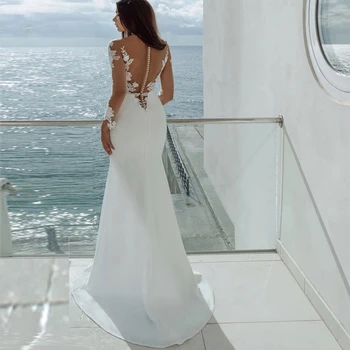 Naujas Elegantiškas Dramblio Kaulo Vestuvių Suknelės 2021 Seksualus Iliuzija Samtelis Kaklo Nėrinių Appliques Ilgomis Rankovėmis Dėmių Nuotakos Suknelė Vestido De Noiva
