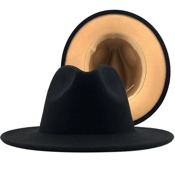 Naujas Išorinis black Vidinis rudos Vilnos Veltinio Džiazo Fedora Skrybėlės su Plonu Diržo Sagtis Vyrai Moterys Masto Kraštų Panama Trilby Bžūp