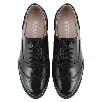 Naujas Mados natūralios odos Lakinės Odos vintage black oksfordo bateliai moterims nėriniai-up Bullock Laisvalaikio bateliai butas batų Sparno galo
