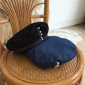 Naujas Mados Patentų Kaubojus Beretė Aukštos Kokybės Ponios Skrybėlės Vientisos Spalvos Flat Top Hat Pearl Slouchy Kaulų Kapitonas Bžūp Moteris Moteris