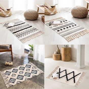 Naujas medvilnės ir lino kilimas, Rankomis Austi trimatis kuoduotųjų kilimas Geometrinis durys, grindų kilimėlis lovos koja kilimas
