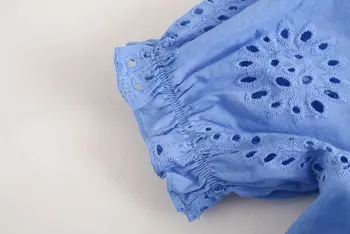 Naujas moterų derliaus klostyti raukiniai tuščiaviduriai iš siuvinėjimo atsitiktinis slim smock palaidinė moteriška sluoksniuotos rankovėmis marškiniai, elegantiškos blusas viršūnes LS6895