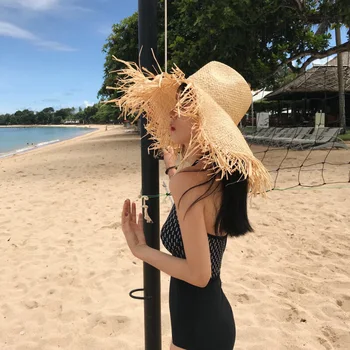 Naujas moterų Negabaritinių Skrybėlę Didelis Kraštų 20cm Rafija Saulės Skrybėlę Platus Kraštų Paplūdimys Skrybėlės Ponios Minkštas Šiaudų Atspalvį Skrybėlę Didmeninė Dropshipping
