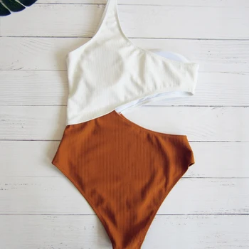 Naujas Moterų Vienos Pečių Spalva stitchingSexy Bikini Juosmens aukščio-Vasaros maudymosi Kostiumėliai, Paplūdimio tankini 2019 Bikini