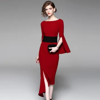 Naujas nereguliarus juosmens-sugriežtinti suknelė, raudonas vidutinio ilgio suknelė ir suknelė pokylių suknelė 2019