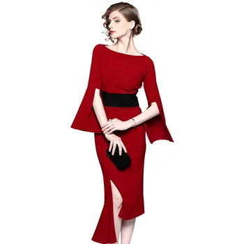 Naujas nereguliarus juosmens-sugriežtinti suknelė, raudonas vidutinio ilgio suknelė ir suknelė pokylių suknelė 2019
