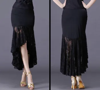 Naujas seksualus lotynų šokių sijonai moterims juoda nėrinių sijonas nereguliarus žuvies uodega sijonas ilgas sportinių šokių suknelė Salsa/Tango/Cha Cha