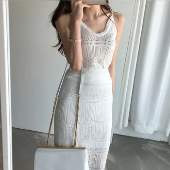 Naujas seksualus Vasaros Megzti Suknelę Mergaitėms Šalies Moterų Vintage suknelė petnešos balti Berankoviai Moterų Suknelės, ilgai negabaritinių Skraiste Vestido