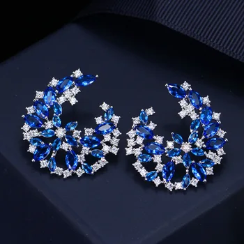 Naujas Simetriškas Gėlių Dizainas Royal Blue Kubinis Cirkonis Didelis, Mielas Vasaros Mėnulis Auskarai Smeigės Papuošalai Moterims