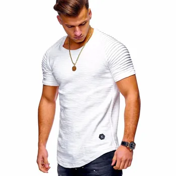 Naujas vasaros nauji vientisos spalvos dryžuotas dizainas susiėmę rankovėmis vyriški T-shirt Slim apvalios kaklo marškinėliai atsitiktinis marškinėliai kieto spalvų