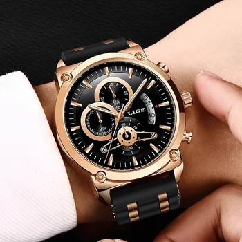 Naujas Vyrai Laikrodžiai LIGE Top Brand Prabanga Ciferblatas Laikrodis Vyrų Mados Silikoninis Vandeniui Kvarco Aukso laikrodis Vyrams, Sporto Chronograph