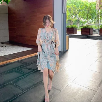 Naujas Šifono Vintage Suknelė Moterims Sluoksniuotos Rankovėmis V-Kaklo Aukštos Juosmens Mados Moterų Drabužių Retro Korėjos Stiliaus Fėja Dress Rudenį 2020 M.