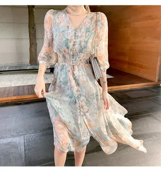 Naujas Šifono Vintage Suknelė Moterims Sluoksniuotos Rankovėmis V-Kaklo Aukštos Juosmens Mados Moterų Drabužių Retro Korėjos Stiliaus Fėja Dress Rudenį 2020 M.