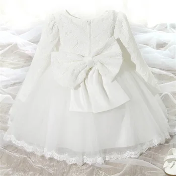 Naujas Žiemos Baby Girl Dress 1 metų Gimtadienio Suknelė Baltos spalvos Nėrinių Krikšto Vestido Infantil Bowknot Princesė Suknelės Vestuves