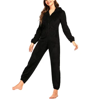 Naujas Žiemą Šilta Moteris Pliušinis Jumpsuit Romper Pižama Koralų Aksomo Ilgomis Rankovėmis Užtrauktuką Gobtuvu Sleepwear Moterų Drabužiai 2020 M.