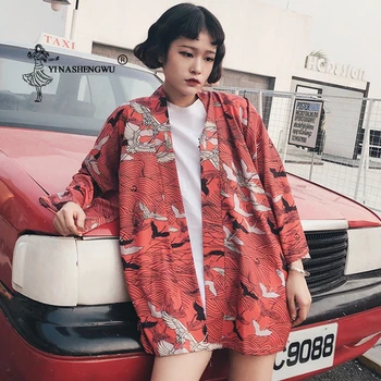 Naujasis Japonijos Krano Spausdinti Raudona Mėlyna Kimono Megztinis Moteriška Laisvi Marškinėliai Topai Atsitiktinis Kailis Yukata Moterų Azijos Drabužių Kimono Cosplay