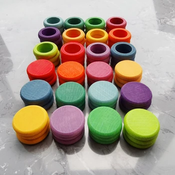 Naujausias 12 spalvų vaivorykštė serija Vaikams, Mediniai Žaislai, Buko Vaivorykštė Monetos ir Žiedai Didina Blokai Pobūdžio Palaidų Dalių Kūrybiniai Žaislai