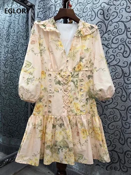 Naujausias Mados 2020 M. Rudens Dress Aukštos Kokybės Moterų Geltonos Spalvos Gėlių Spausdinti Seksualus Kryžiaus String Deco Žibintų Rankovėmis Suknelė Vintage
