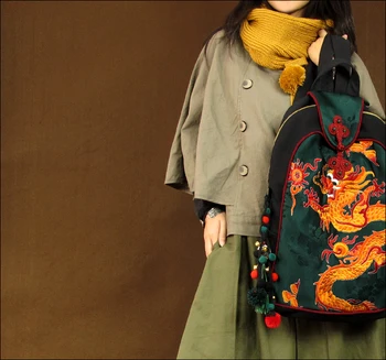 Naujausias Originalus Etninės dragon modelis siuvinėjimo krepšiai Naxi.Hani prekės Vintage Mados unisex Drobės kelionių Kuprinė