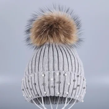 Naujo dizaino moterų žiemos skrybėlę su realiais lapės, audinės gyvūnų kailis pompom vientisos spalvos vilnos, Kašmyro šilčiau skullies beanies