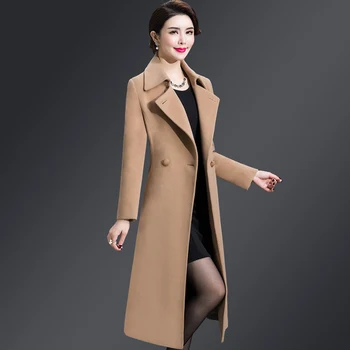 Naujus moteriškus vilnonių paltų Mados Storio Švarkas Ilgas Paltas Moteriška Šilta Vieną Krūtinėmis Slim Tipo Moterų Žiemos Vilnos Paltai