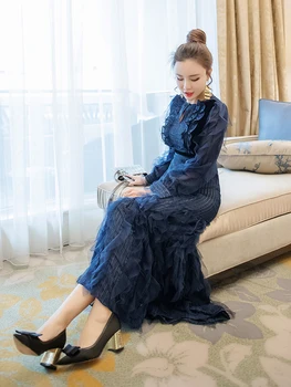 Naujų 2020 m. Pavasarį Elegantiškas Ruffles Ilgai Undinė Šalis Suknelė Moterims, O-kaklo, ilgomis Rankovėmis Mėlyna kilimo ir tūpimo Tako Dizaineris Suknelė