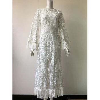 Naujų moteris balta kutas suknelė blyksnius rankovės o-kaklo elegantiška siuvinėjimas Padalinta suknelės lady šalis atostogų dėvėti vasarą