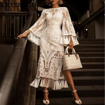 Naujų moteris balta kutas suknelė blyksnius rankovės o-kaklo elegantiška siuvinėjimas Padalinta suknelės lady šalis atostogų dėvėti vasarą