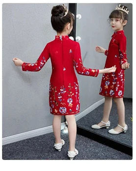 Naujųjų Metų Mergaičių Retro Tradicinės Kinų Cheongsam Suknelė Gėlių Vaikai Suknelę Žiemos Dygsniuotas Qipao Tango Kostiumas Spausdinimo Vaikams