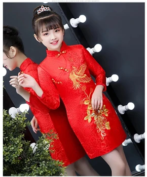 Naujųjų Metų Mergaičių Retro Tradicinės Kinų Cheongsam Suknelė Gėlių Vaikai Suknelę Žiemos Dygsniuotas Qipao Tango Kostiumas Spausdinimo Vaikams