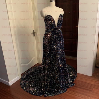 Navy Blue Undinė Spindinčiais Blizgučiais Vakaro Suknelės 2020 Naujas Brangioji Kaklo Elegantiškas Oficialią Šalies Ilgas Prom Chalatai vestido de festa