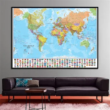 Neaustinis Pasaulio Politinį Žemėlapį su Nacionalinėmis Vėliavomis, Neįrėminti Pasaulio Žemėlapį, Plakatų ir grafikos Drobė Paveikslų Kultūra