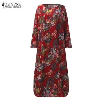 Negabaritinių 2021 m. Pavasarį ZANZEA Moterų Retro Gėlių Spausdinti Maxi Ilga Suknelė Ponios Rankovės Atsitiktinis Palaidų Suknelė Plus Size Vestidos