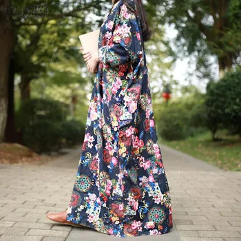 Negabaritinių 2021 m. Pavasarį ZANZEA Moterų Retro Gėlių Spausdinti Maxi Ilga Suknelė Ponios Rankovės Atsitiktinis Palaidų Suknelė Plus Size Vestidos