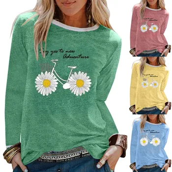 Negabaritinių grafinis tees marškinėliai moterims Daisy Spausdinimo ilgomis Rankovėmis Marškinėliai Atsitiktinis Viršūnes футболка женская camisetas mujer футболка