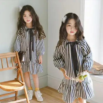 Nemokamas pristatymas Kūdikių mergaičių dryžuotas ilgomis rankovėmis suknelę, vaikams, drabužiai vaikams korėjos stilius laisvas medvilnės princesė dress pakeičia 756