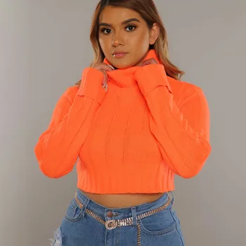 Neon Orange Vientisos Spalvos Golfo Pasėlių Džemperis Moterims 2020 Naujas Rudens-Žiemos Drabužių Seksualus Megzti Megztinis Megztinis Viršūnės