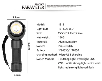 Nešiojamų darbą šviesos T6+COB led žibintuvėlis Raudonos šviesos 18650 26650 įkrovimo baterija (akumuliatorius su magnetu 360 Laipsnių Pasukimas