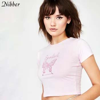 Nibber vasaros rožinė mielas Drugelis spausdinti medvilne, viršūnės women2019fashion high street atsitiktinis tees Pagrindinio Slim trumpomis rankovėmis marškinėlius