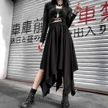 NiceMix Asimetriškas Sijonas Juodos spalvos Gotikos Rudenį laisvo Stiliaus Moteris Buttoms Harajuku Steampunk-line Moterų Viduramžiais Derliaus Sk