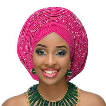 Nigerijos gele headtie su akmuo perlas, jau padaryta auto hele turbaną bžūp afrikos aso ebi gele aso oke headtie didelis kraštų 2018