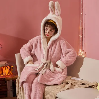 NIGHTWA 2020 m. Žiemą Šiltas Tirštėti Skraiste, Flanelė ilgomis Rankovėmis naktiniai drabužiai Moteris Animacinių filmų Mielas Laisvalaikio Gyvūnų Storio Pižama Sleepwear