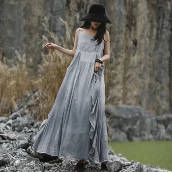 NINI STEBUKLŲ Moterų Sundress 2020 Metų Vasaros Kaklaraištis Dažų Medvilnės Ilga Suknelė Moterų Nesimetriškas Vintage Retro Suknelės Elegantiška Suknelė