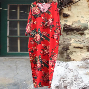 NINI STEBUKLŲ, Pavasarį, Rudenį Spausdinti Suknelė Moterims Medvilnės Skalbiniai Prarasti Tautos Stiliaus Suknelės Moterų V-kaklo Derliaus Retro Drabužius Suknelė