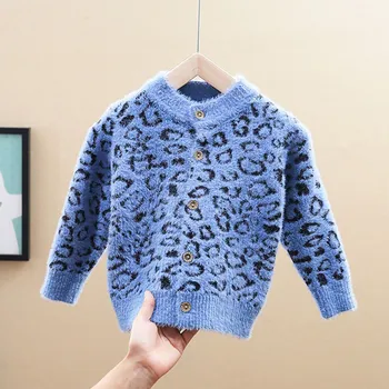 Nuo 2 iki 5 metų berniukų, mergaičių, leopardas spausdinimui ilgomis rankovėmis megzti megztinis džemperis vaikams mados rudenį, žiemą mezgimo outwear drabužiai