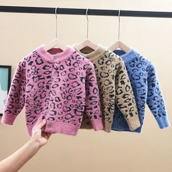 Nuo 2 iki 5 metų berniukų, mergaičių, leopardas spausdinimui ilgomis rankovėmis megzti megztinis džemperis vaikams mados rudenį, žiemą mezgimo outwear drabužiai