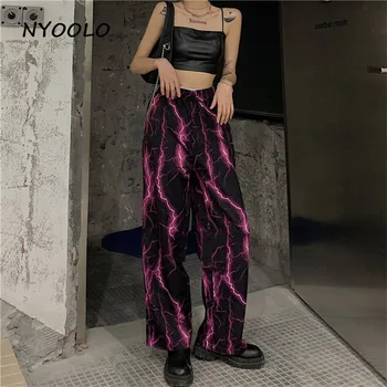 NYOOLO Atsitiktinis streetwear didelis juosmens Žaibo modelis hip-hop Pločio Kojų Kelnės moterims Harajuku prarasti elastinga juosmens kelnes jogger