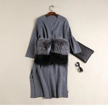 Originali mink kašmyro megztinis moterų ilgas megztas mink susagstomi megztiniai megztinis silver fox fur 008