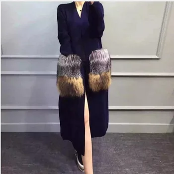 Originali mink kašmyro megztinis moterų ilgas megztas mink susagstomi megztiniai megztinis silver fox fur 008